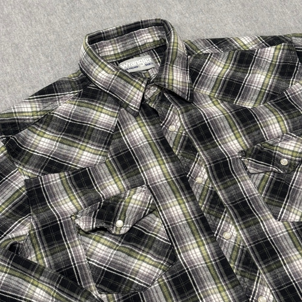 Wrangler Wrancher Mens Large Green‎ Black Plaid Pearl Snap Western Shirt MTSC64G